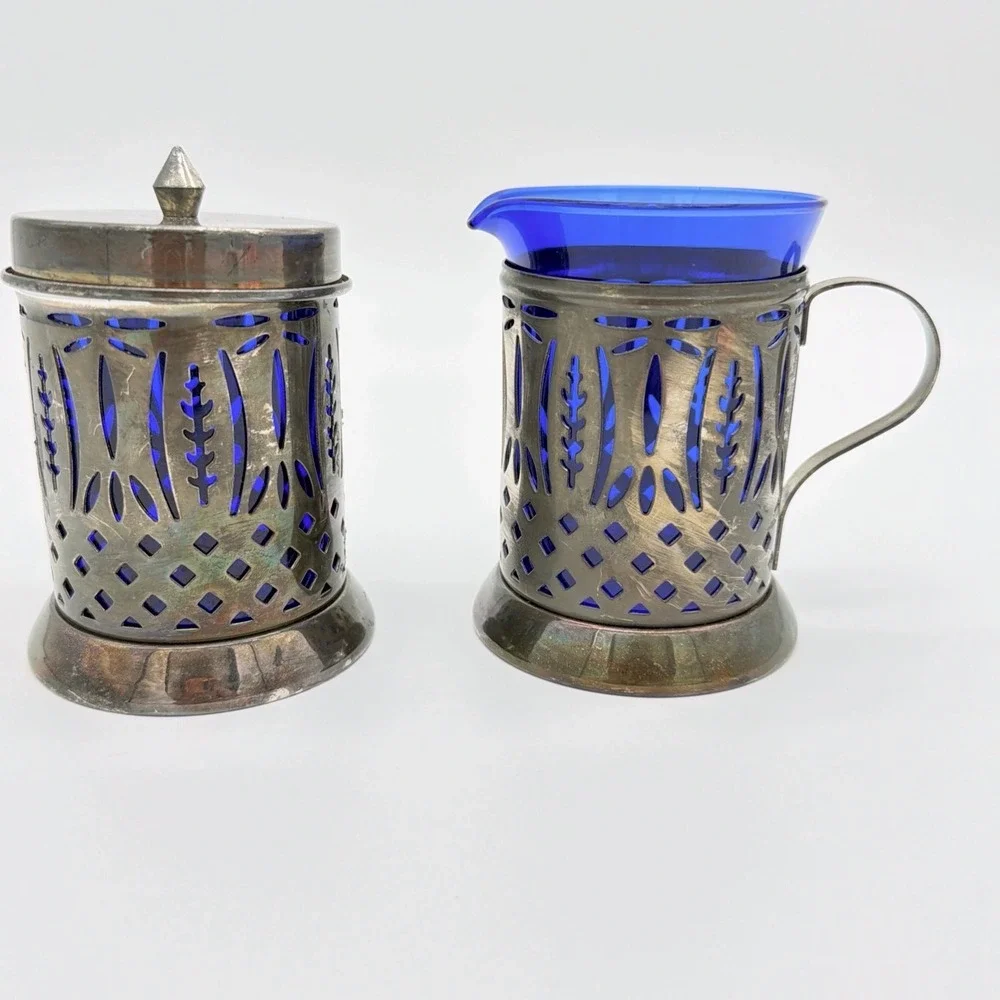 Avon Royal Sapphire Cobalt Blue Glass Creamer & Sugar Bowl Set VTG